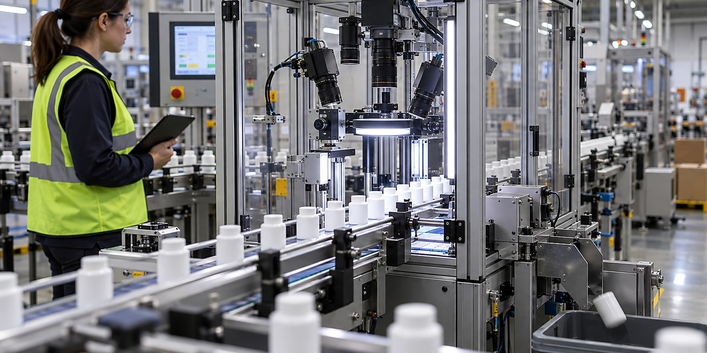 Sealed food trays passing under controlled lighting and cameras with a downstream reject lane in an operating packaging line.