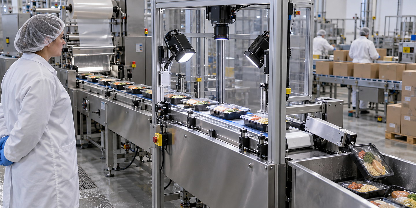 Sealed food trays passing under controlled lighting and cameras with a downstream reject lane in an operating packaging line.
